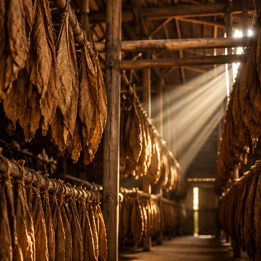 Illustration of leaves hanging inside a traditional agricultural curing barn