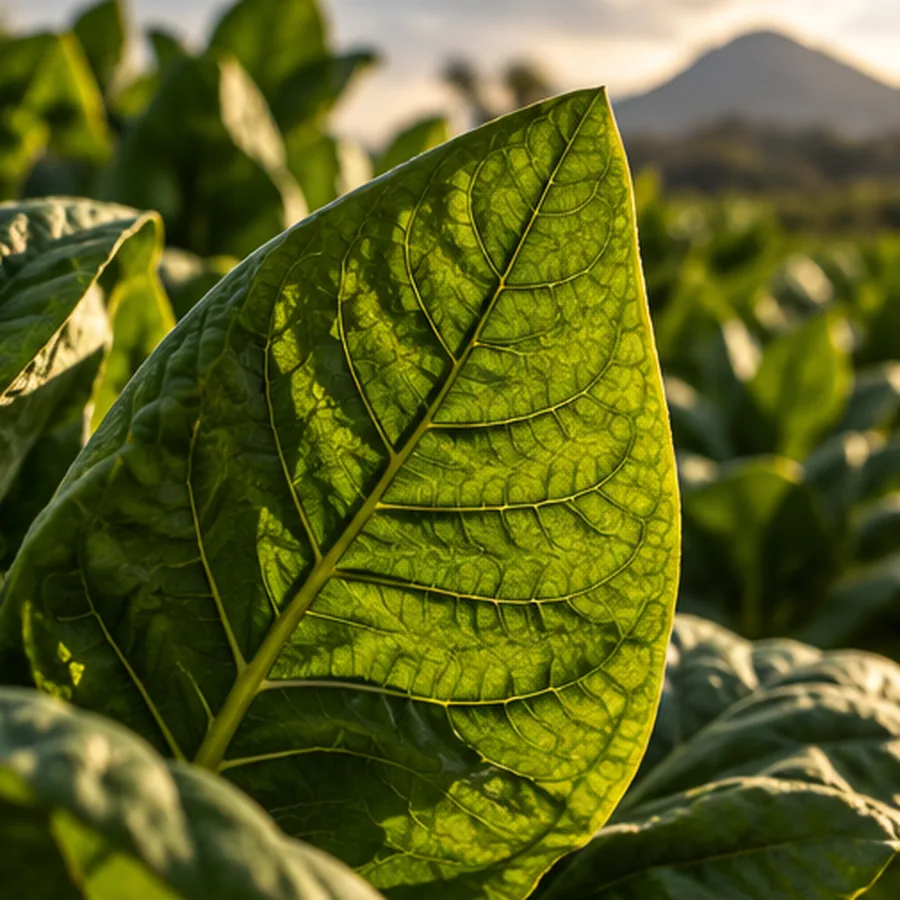 Detailed close-up of a tobacco leaf, showing natural veins and texture