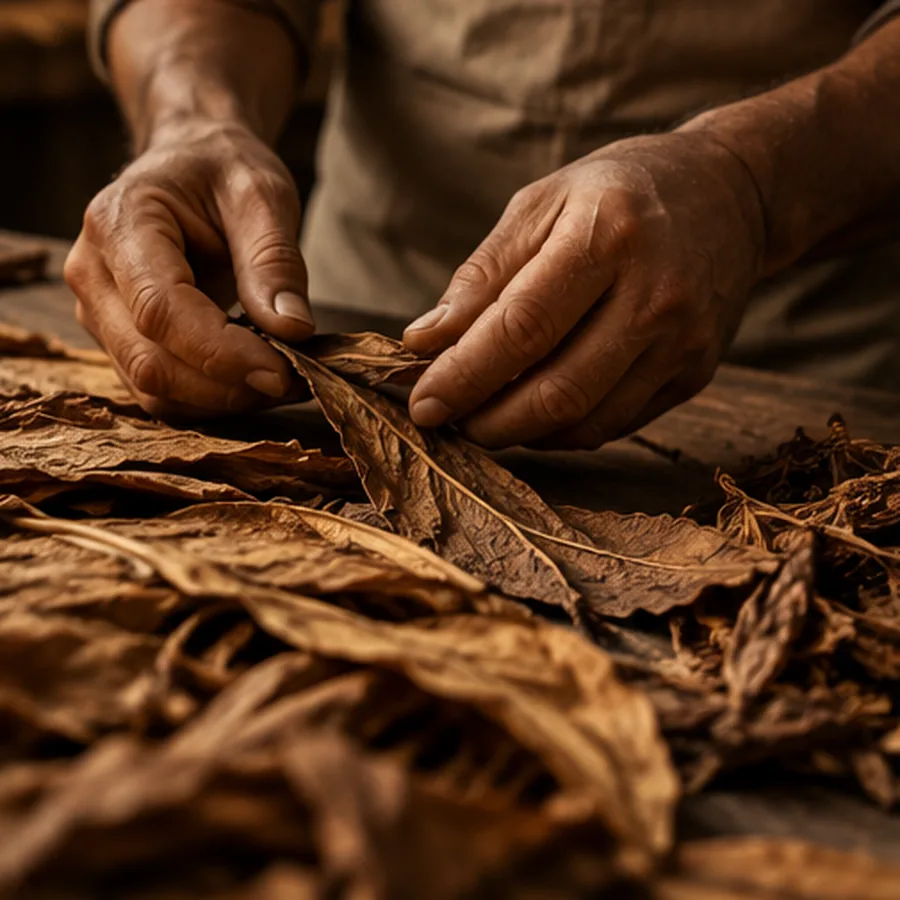 Illustration of an artisan worktable with tobacco leaves, tools and an open notebook